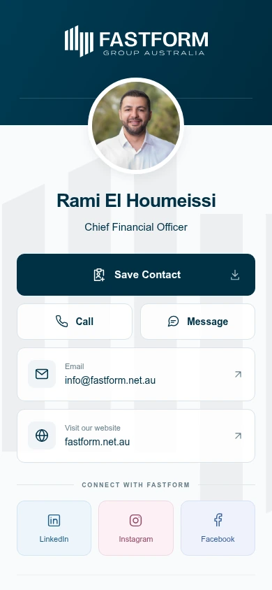 Rami El Houmeissi’s Fastform digital profile displayed on a mobile phone